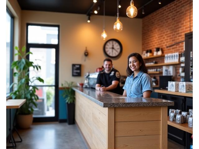 Welcome area of The Roastery Nook with coffee amenities and a friendly staff member