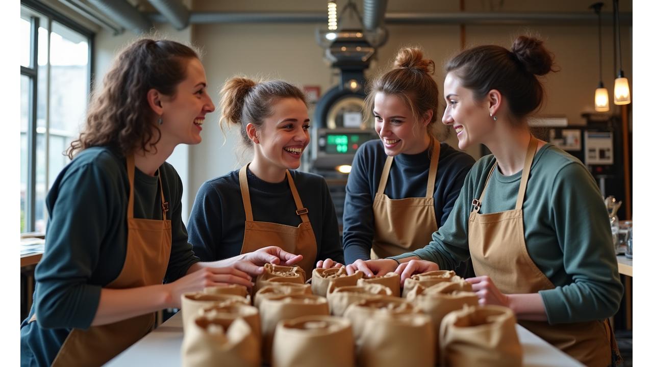 Roastery Nook team passionately discussing coffee beans in their Edinburgh roastery