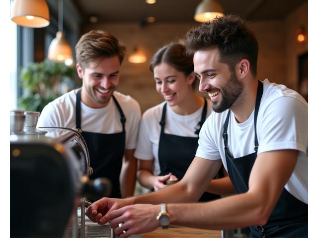A team of baristas smiling and collaborating around an espresso machine in a café setting, illustrating harmonious teamwork.