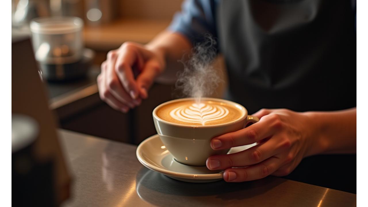 A barista skillfully pouring latte art into a cup of coffee, surrounded by a warm, inviting cafe setting.