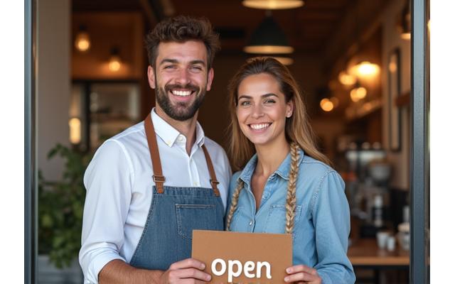 A young couple smiling triumphantly in their newly opened modern cafe.