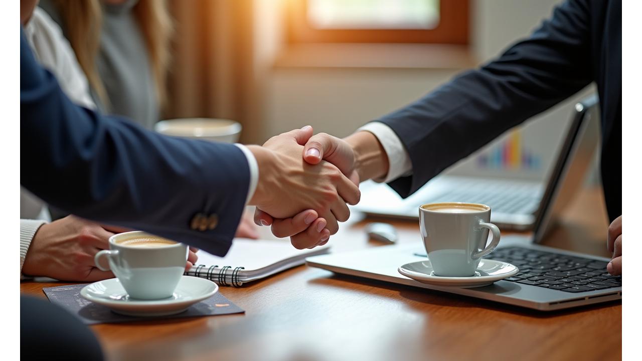 A consultant and client shaking hands across a table with a laptop, notebooks, and coffee, signifying a successful business meeting.