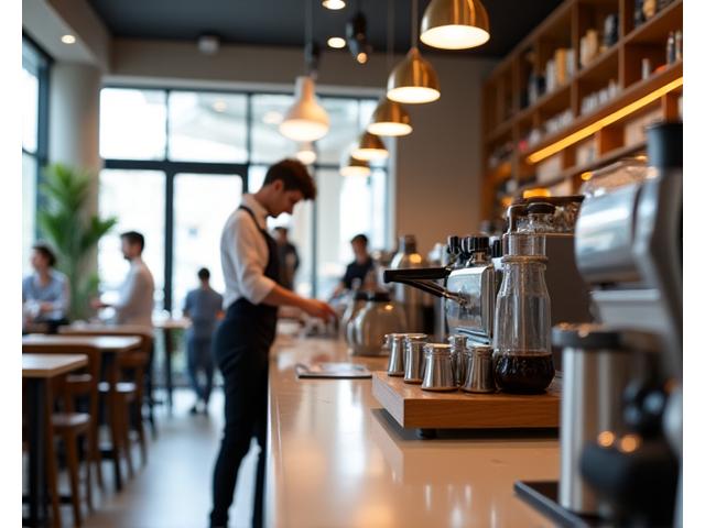 A highly organized coffee bar with a barista expertly preparing drinks, demonstrating efficient workflow and clean setup.