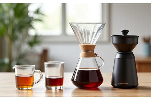 A tastefully arranged collection of home brewing equipment: pour-over cone, Chemex, Aeropress, and a grinder.