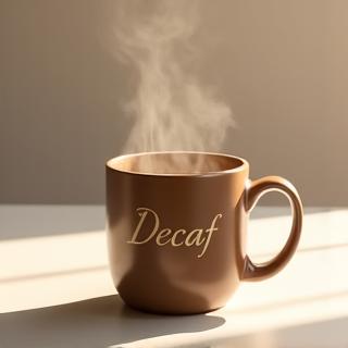A steaming mug of coffee with 'Decaf' written on it, clean and inviting.