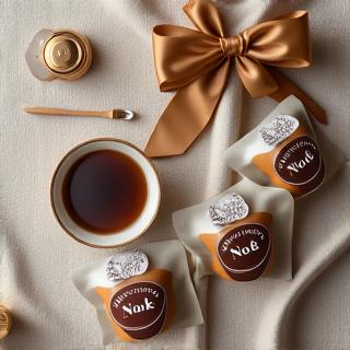 Elegantly wrapped coffee gift set with assorted bags of beans and a small coffee scoop.