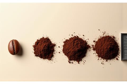 Close-up of different coffee grind sizes next to a scale, illustrating proper measurement and consistency.