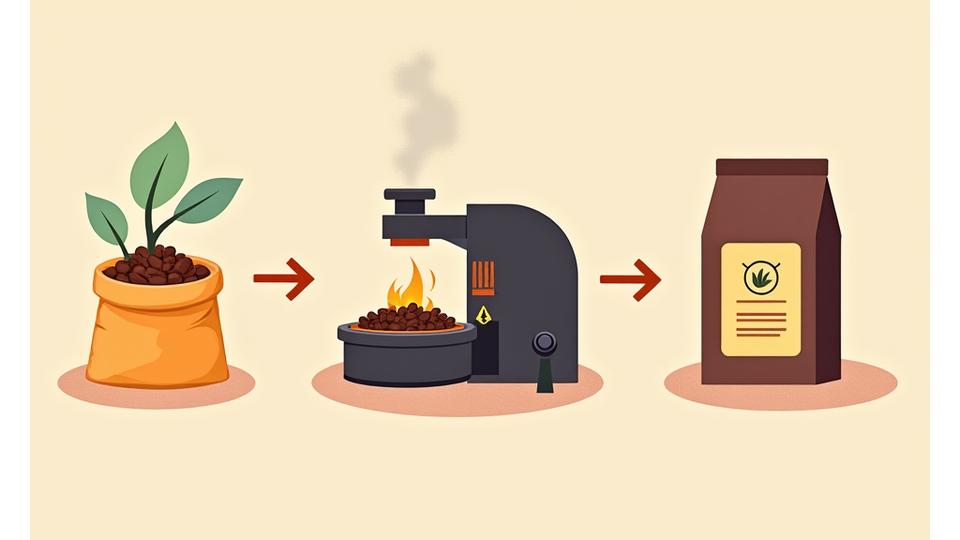 Timeline illustration showing coffee beans being roasted, packaged immediately, and shipped, highlighting the freshness process.