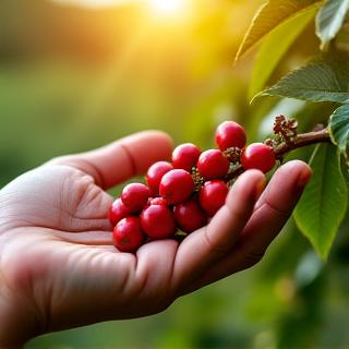 A coffee farmer's hand gently touching ripe coffee cherries on a tree branch, indicating seasonal harvest.