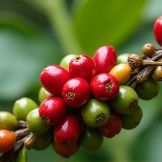 Close-up of vibrant green coffee cherries on a branch, signifying single origin beans.