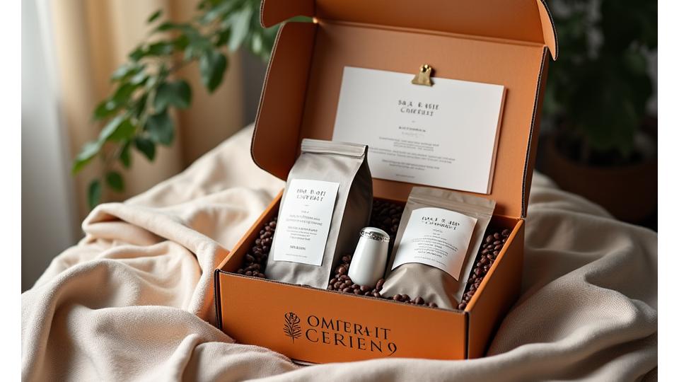 A monthly subscription box filled with The Roastery Nook coffee beans, presented neatly with a 'Freshly Roasted' tag.