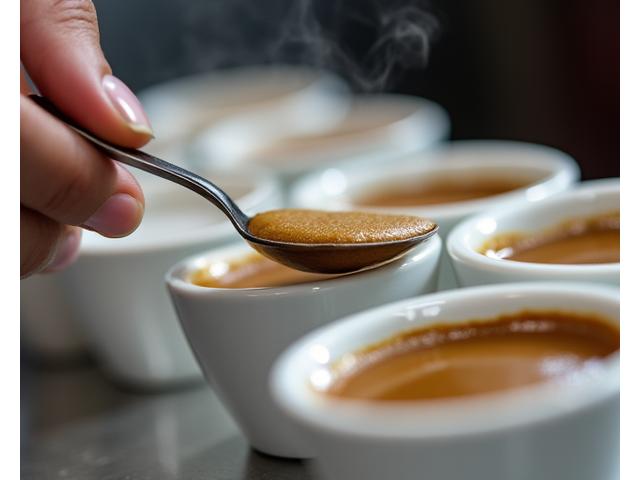 A cupping spoon scooping coffee during a professional cupping session
