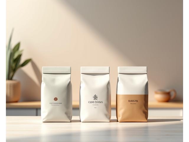 Custom branded coffee bags with a café logo, demonstrating private label services