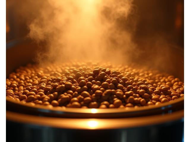 Close-up of coffee beans tumbling inside a rotating drum roaster, glowing warmly