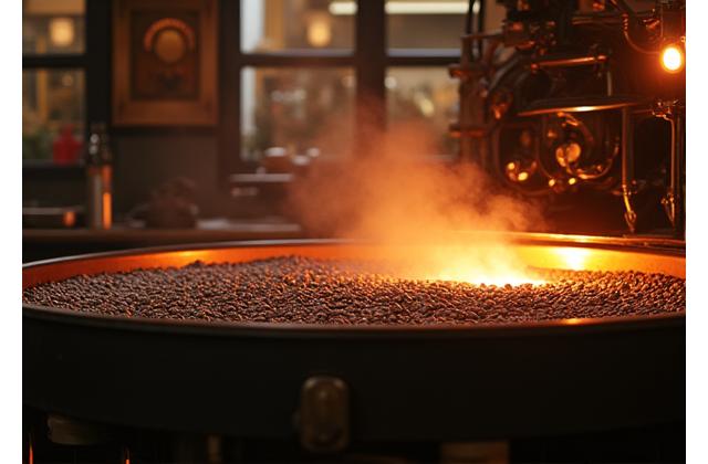 A large industrial coffee roaster with beans being poured into it, capturing steam and warmth.