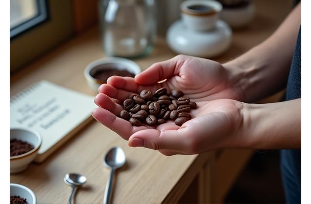 A hand holding a coffee bean, with a blurred background of a coffee cupping session, highlighting the meticulous curation process.