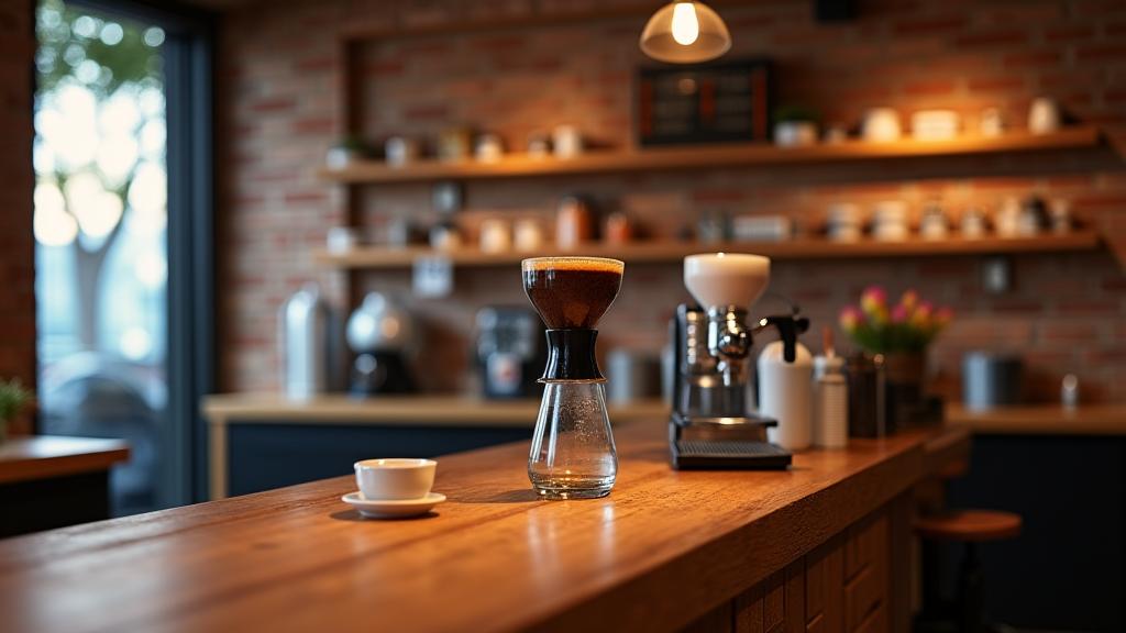 A calm, inviting interior of The Roastery Nook's tasting area with warm lighting and coffee equipment