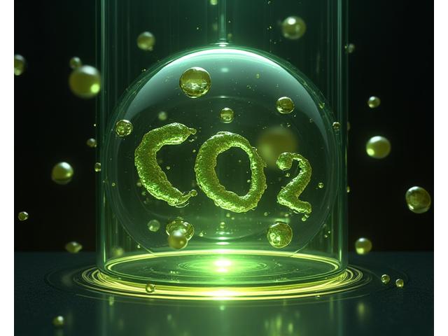 Conceptual image of CO2 molecules interacting with coffee beans in an enclosed chamber, representing the CO2 decaffeination process.