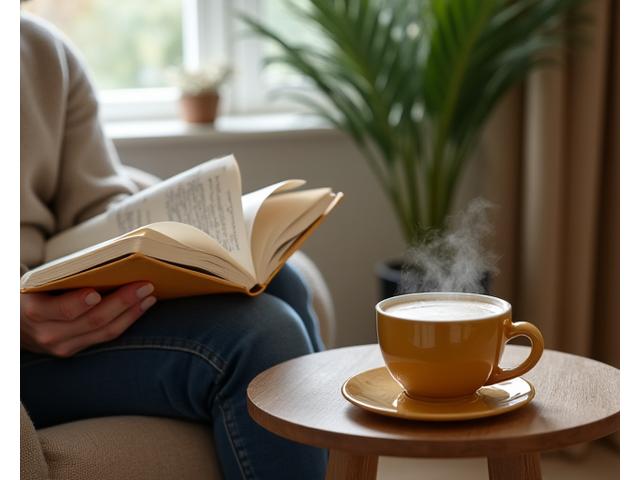 A person calmly reading a book with a cup of decaf coffee, representing digestive ease and reduced anxiety, in a comfortable setting.