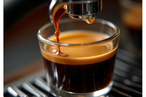 Espresso machine brewing rich decaf espresso into a small glass, with crema clearly visible, showing quality extraction.