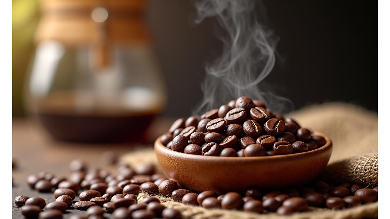 Close-up of freshly roasted decaffeinated coffee beans, steam rising, highlighting their rich color and aroma, with a blurred coffee cup in the background.