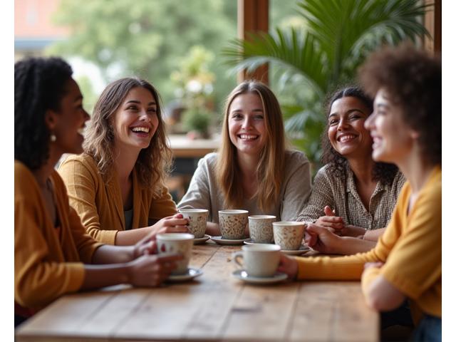 A diverse group of friends enjoying coffee together, some drinking decaf, symbolizing inclusivity and shared moments without caffeine restrictions.