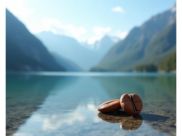 Scenic illustration of a pristine mountain lake, symbolizing the purity of the Mountain Water Process, with coffee beans subtly integrated into the foreground.