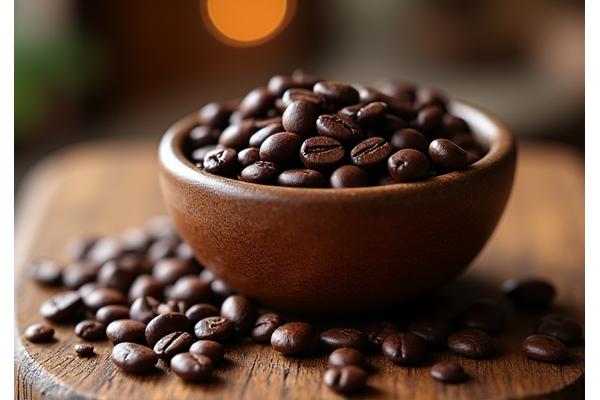 A rustic bowl filled with dark roasted decaf coffee beans, representing a signature decaf blend, with a blurred background of a cozy coffee bar.