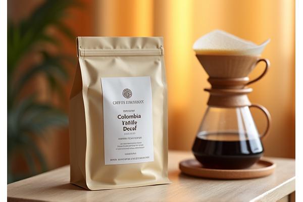 A bag of single-origin decaf coffee beans from Ethiopia, with notes of blueberry and jasmine, placed next to a traditional coffee pour-over setup.