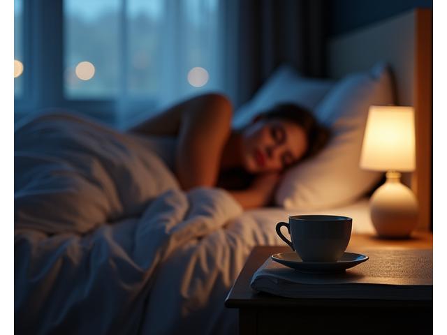 A peaceful bedroom scene with a person sleeping soundly, a dim nightlight, and a decaf coffee cup on the bedside table, symbolizing improved sleep.