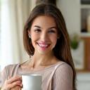 Portrait of Emma Paterson, a young woman smiling brightly, holding a coffee cup.