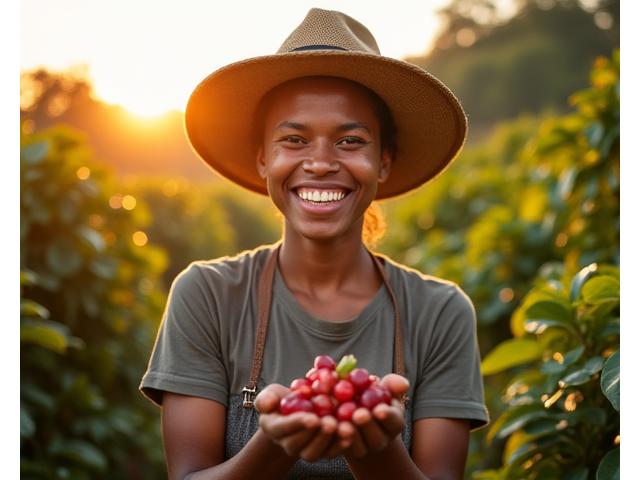 Coffee farmer in lush, vibrant coffee fields