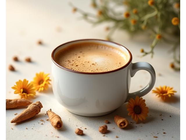 A coffee mug with a delicate foam, surrounded by natural adaptogens like ashwagandha roots and rhodiola flowers.