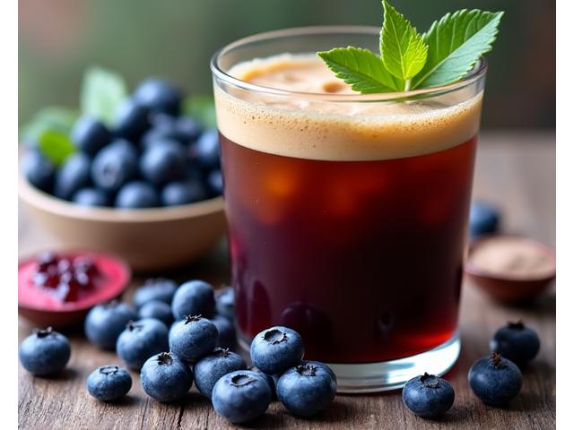 A coffee drink with a deep, rich color, surrounded by fresh blueberries and acai berries, suggesting a powerful antioxidant infusion.