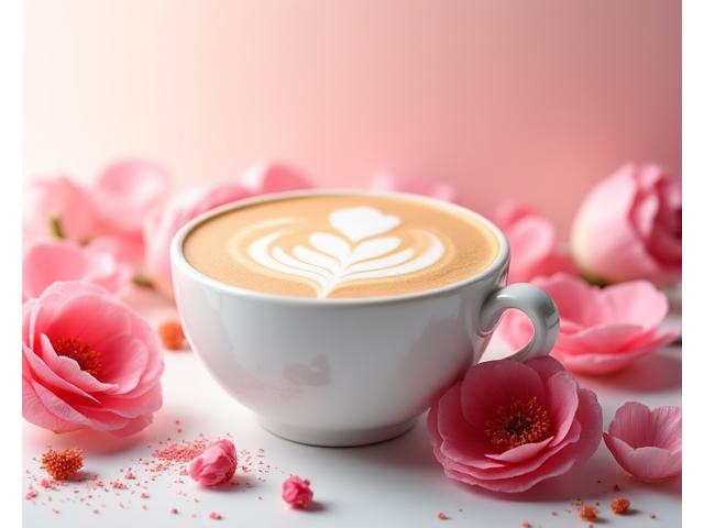 A beautiful, light-coloured latte with a delicate foam, surrounded by natural beauty ingredients like rose petals or berries.