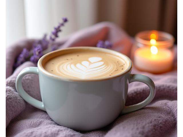 A calming latte, possibly lavender or chamomile infused, in a cozy setting, with soft light and a sense of tranquility.