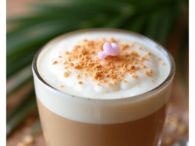 A coffee with a froth of coconut milk garnished with a tropical flower.
