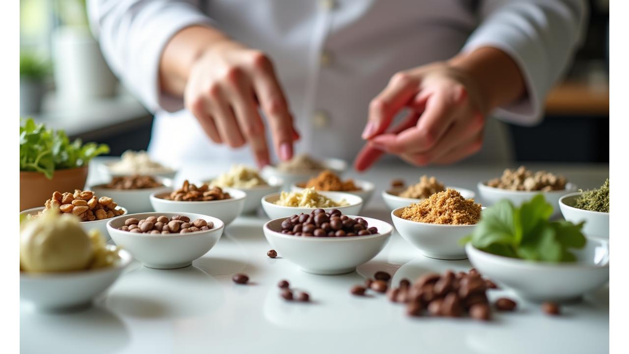 Hands meticulously choosing ingredients for a personalized coffee blend, symbolizing bespoke service and individual health focus.