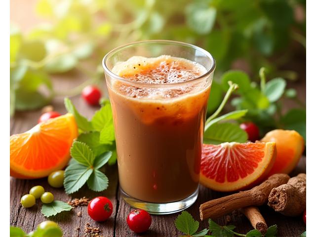 A vibrant coffee drink with natural energy boosters like ginseng root and guarana berries, radiating freshness.