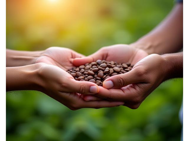 Hands exchanging coffee beans, depicting fair trade and ethical sourcing practices against a backdrop of a coffee farm.