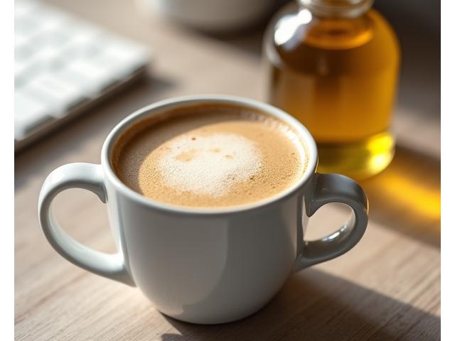A frothy coffee drink, with a bottle of MCT oil visible in the background, implying sustained energy and mental clarity.