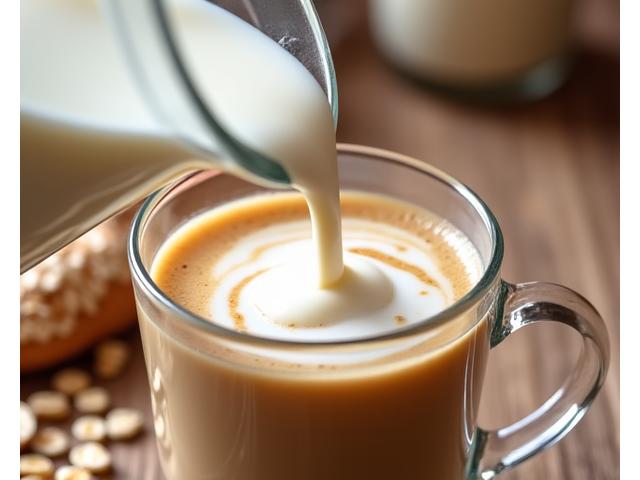 Creamy oat milk being poured into a coffee, showing its smooth texture.