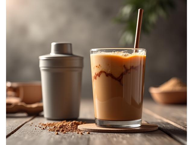 A vibrant coffee concoction with plant-based protein powder swirling in, next to a shaker and fitness accessories.