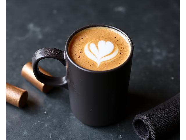 A post-workout recovery latte, rich and dark, with a sprinkle of active ingredients, beside a small towel and weights.