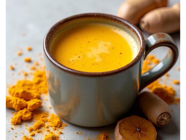 A golden turmeric latte with fresh ginger slices beside it, highlighting its anti-inflammatory properties.