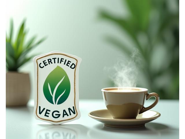 A prominent vegan certification logo next to a coffee cup, symbolizing commitment to plant-based products.