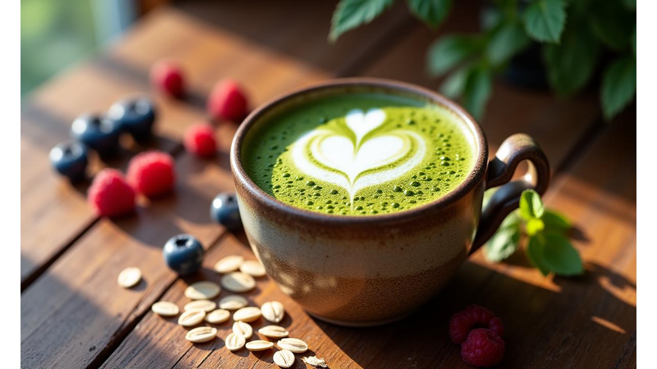 A beautifully styled plant-based latte with vibrant green specks of superfoods, on a rustic wooden table with fresh ingredients like oats and berries, capturing a sense of nourishment and natural goodness.