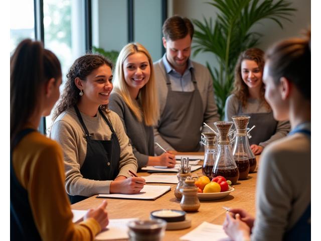 People engaged in a lively workshop, learning about nutrition and coffee preparation, in a bright, modern setting.