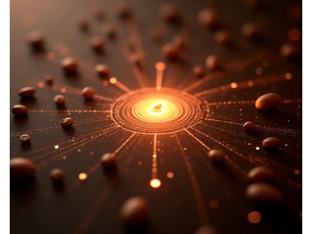 Abstract representation of data privacy and security, with glowing shield icon surrounded by interlocking digital patterns and coffee beans. Warm, inviting tones.