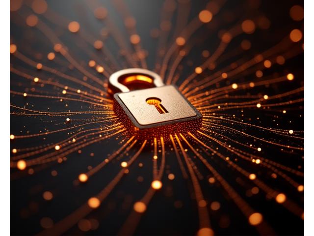 Illustration of a padlock symbol integrated into a secure data network, with glow effects. Dark background with warm, subtle gold and brown accents representing security and strength.